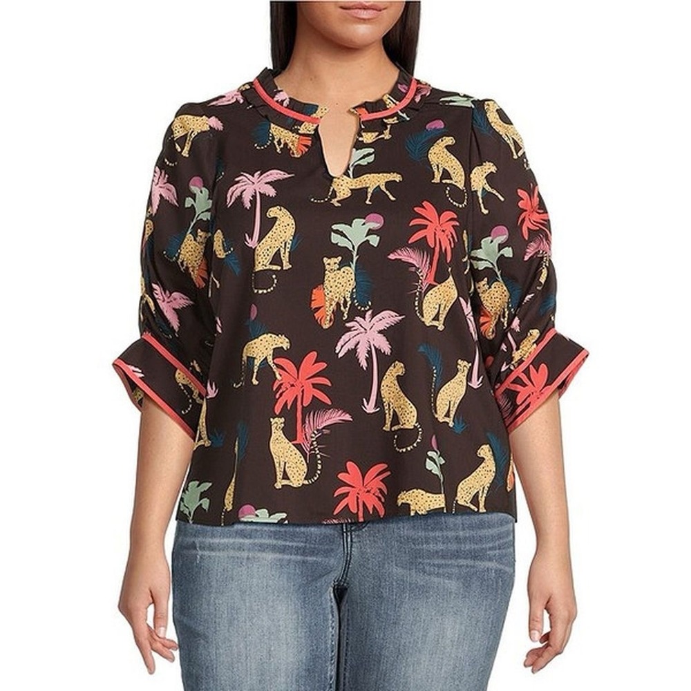 Democracy Plus Size 3/4 Sleeve Relaxed Top Boxy 2x Whimsical Tropical Safari